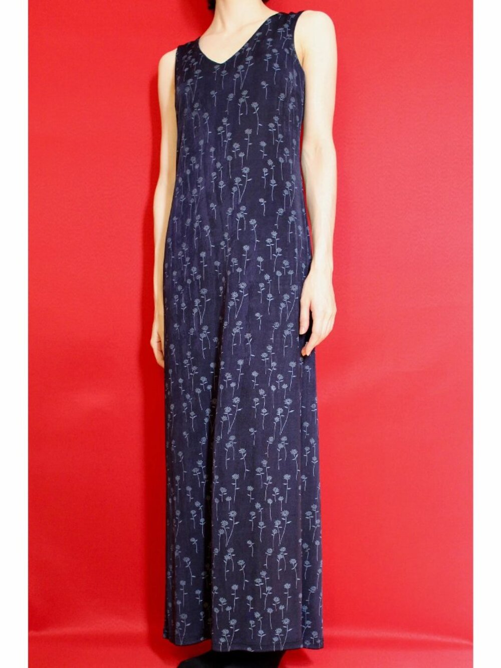 Vintage 90s Dark Blue Floral V-Neck Stretchy Sleeveless Maxi Dress, Size S